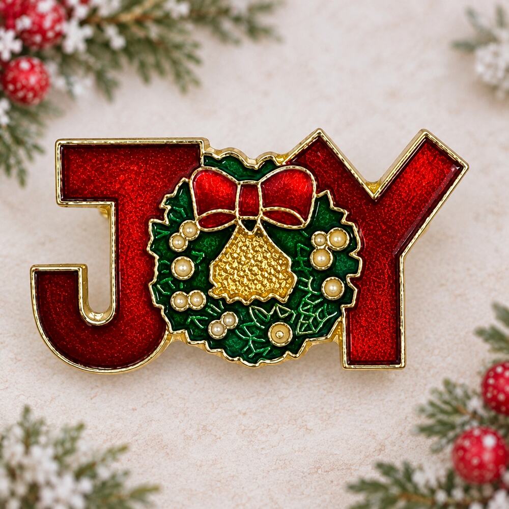 Small JOY Christmas Brooch Red Enamel Wreath Gold Tone Holiday Pin 1 Inch CP174